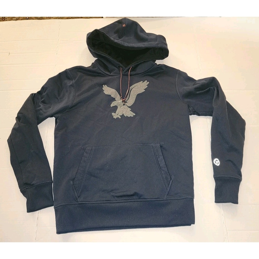 American Eagle Hoodie Mens Sm Navy Blue Pullover Eagle Logo Fleece Lined